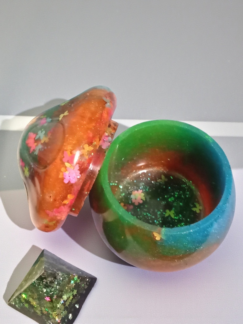 Handmade Multicolor Resin Trinket Box with Glitter Flowers